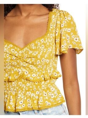 ASTR Mustard Yellow Floral Smocked Peplum Top